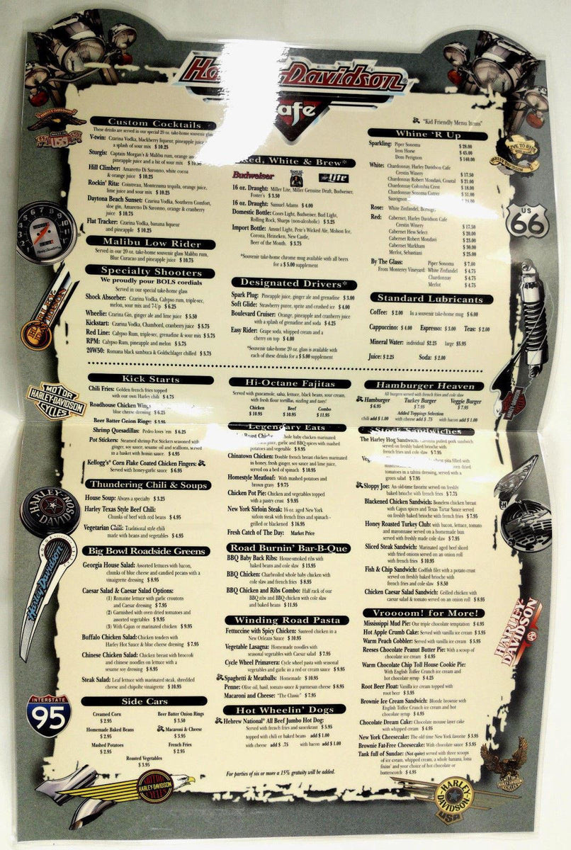 1997 Vtg Huge Laminated Menu Harley Davidson Cafe Restaurant Las Vegas