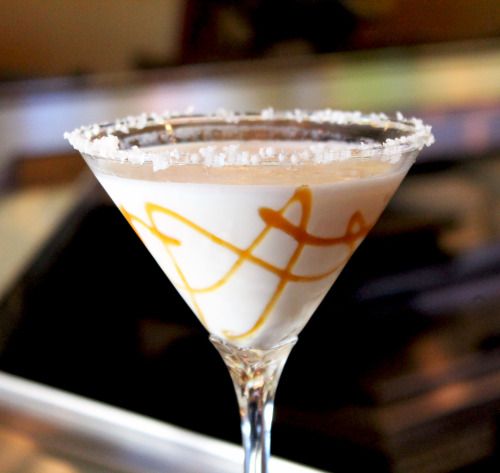 2 Parts Rum Chata 1 Part Caramel Vodka In A Salt Rimmed Martini Glass