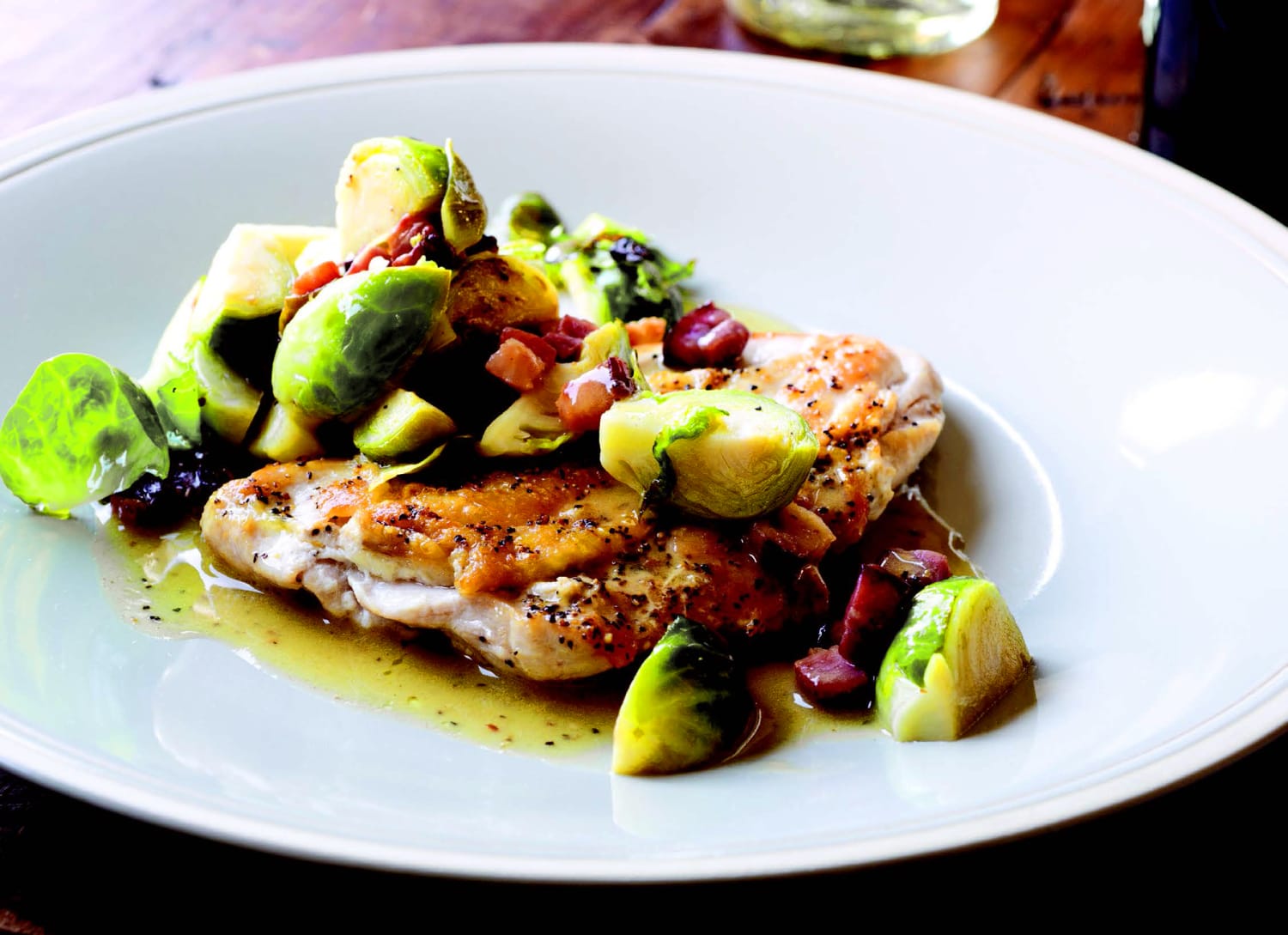 5 Minute Dinner Michael Symon S Chicken Breasts With Bacon Brussels