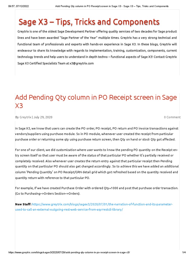 Add Pending Qty Column In Po Receipt Screen In Sage X3 Sage X3 Tips Tricks And Components