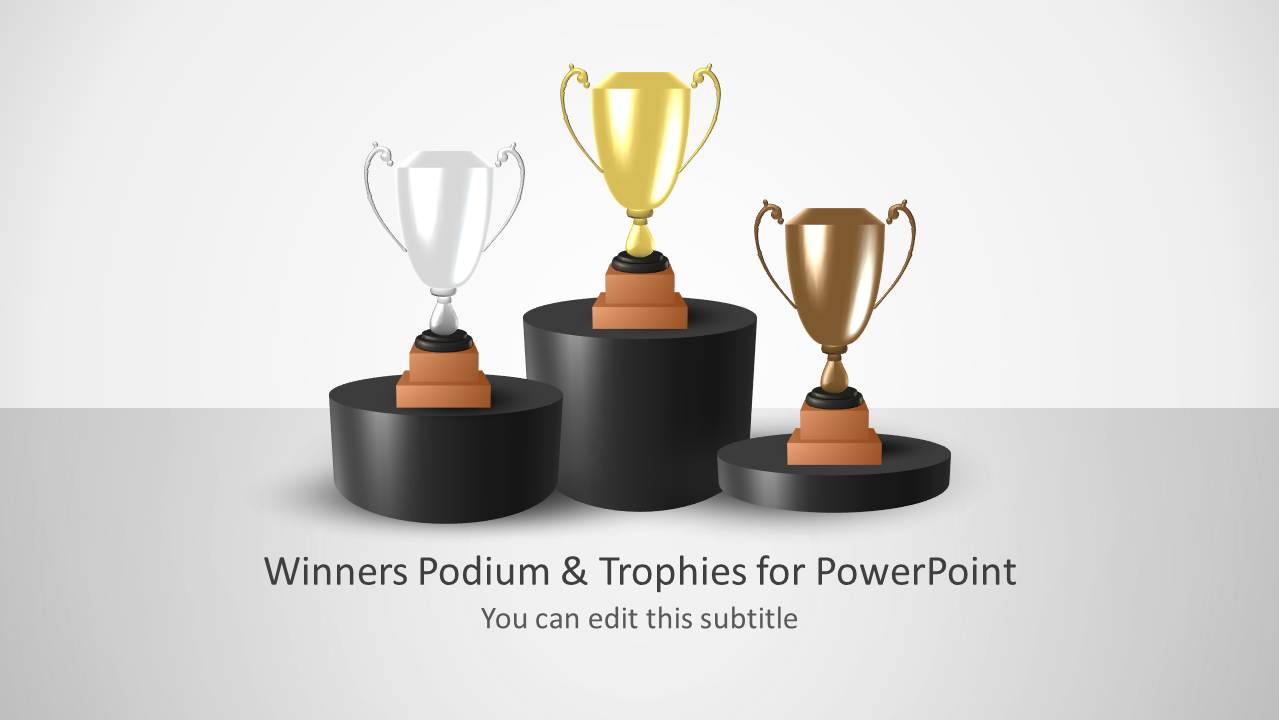 Animated Winner Podium Powerpoint Template With Trophies And Spotlight