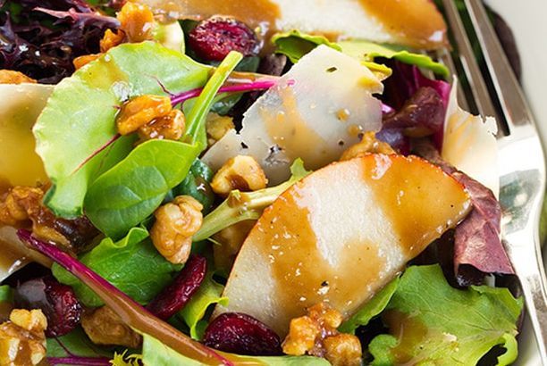 Autumn Pear Salad With Candied Walnuts And Balsamic Vinaigrette