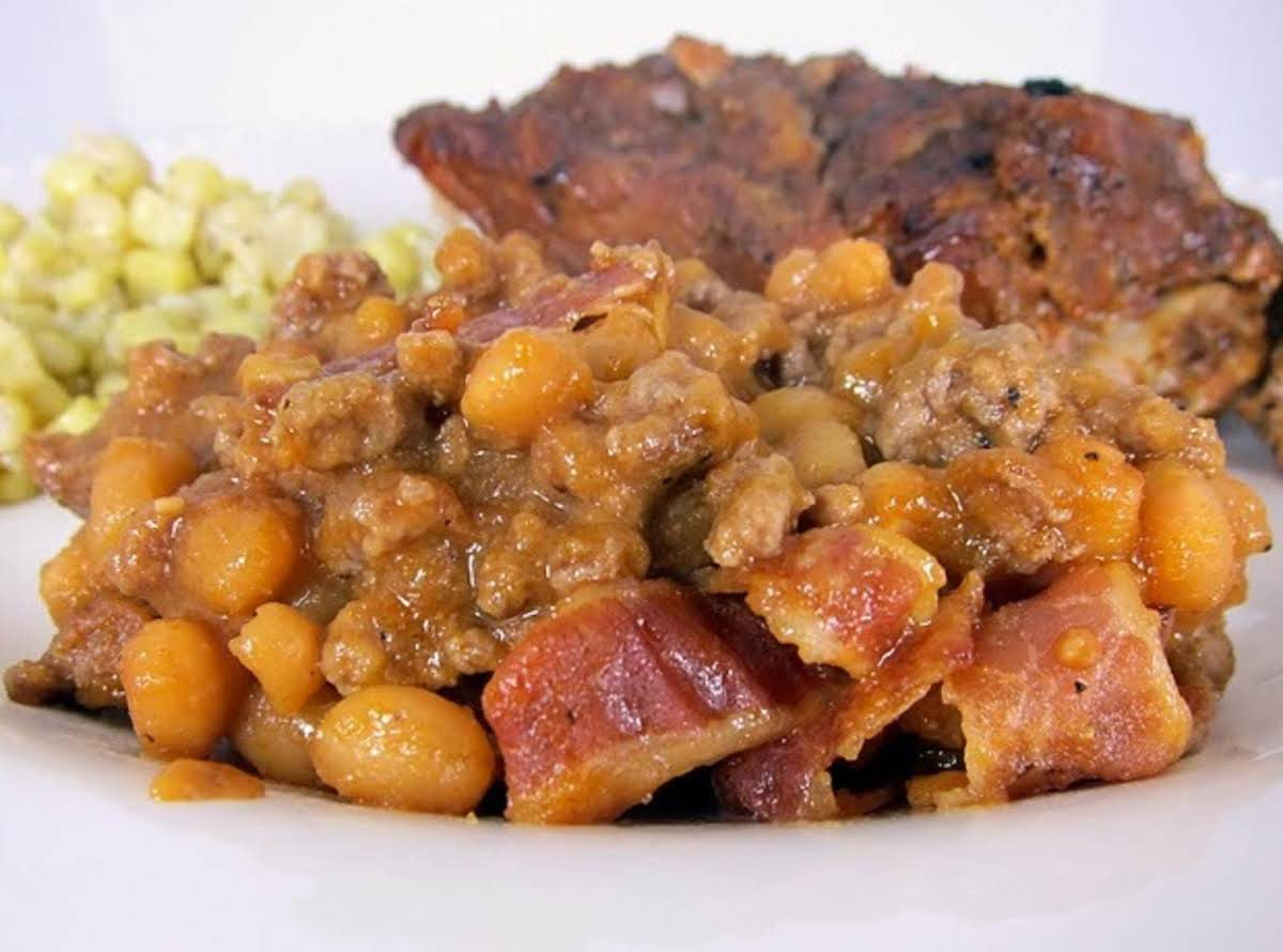 Baked Beans With Hamburger Sausage And Bacon Just A Pinch Recipes