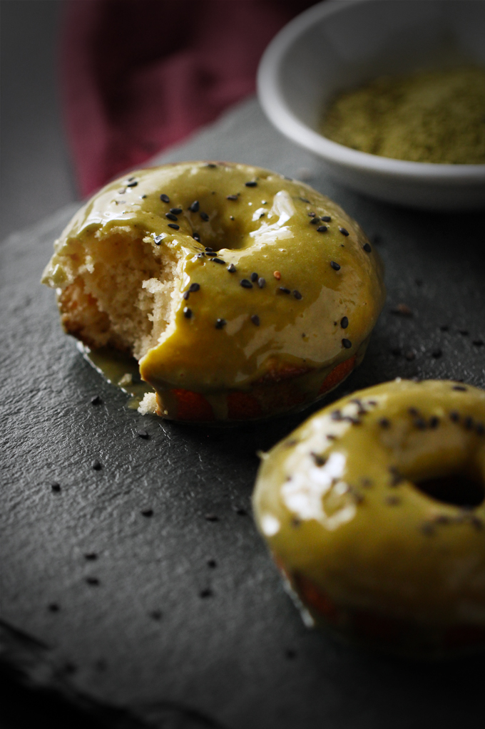 Baked Sesame Donuts With Matcha Glaze