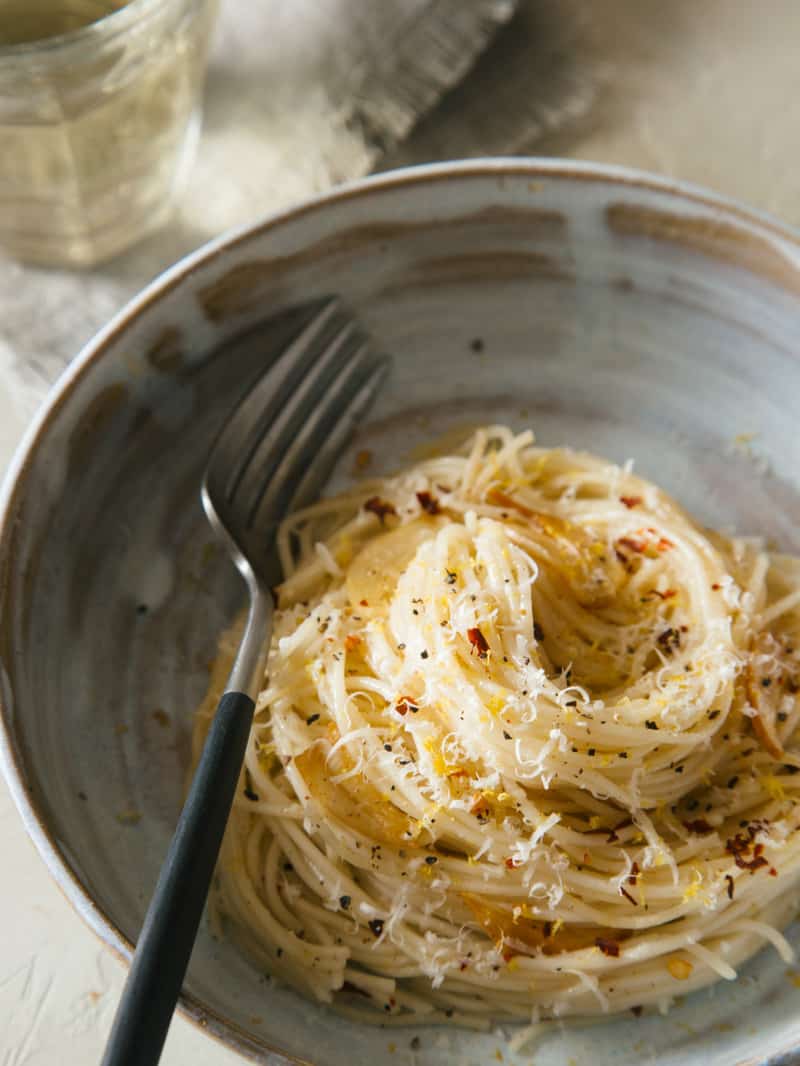 Capellini With Garlic Lemon And Parmesan Spoon Fork Bacon