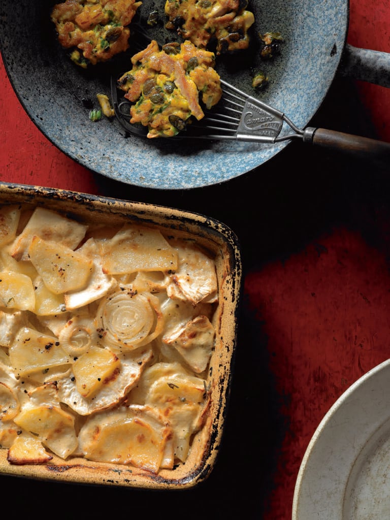 Celeriac Bake With Chicken And Pumpkin Fritters Recipe Delicious