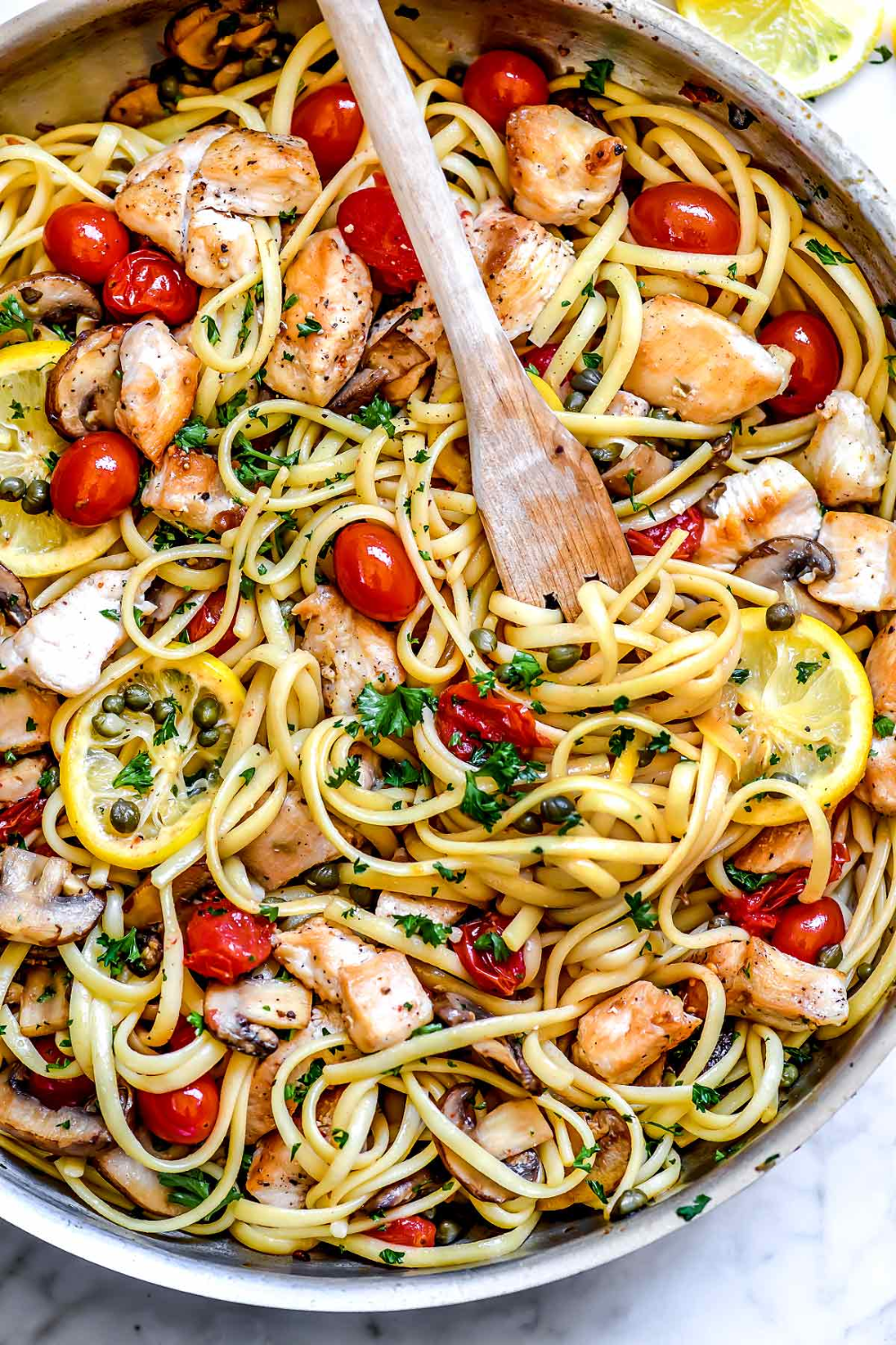 Chicken Piccata Pasta With Tomatoes And Mushrooms Foodiecrush Com