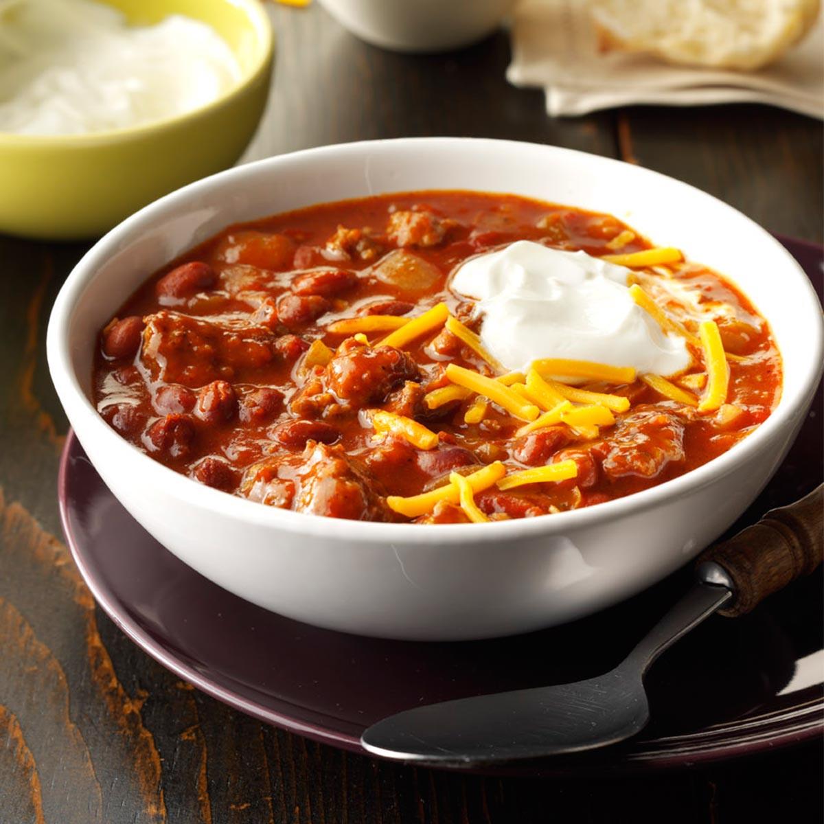 Chili With Ground Beef Pork Sausage And Vegetables Recipe Sparkrecipes