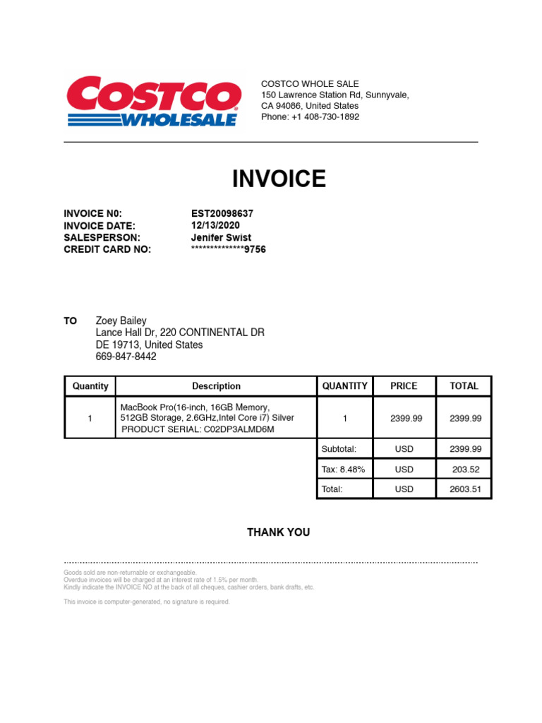 Costco Invoice Pdf