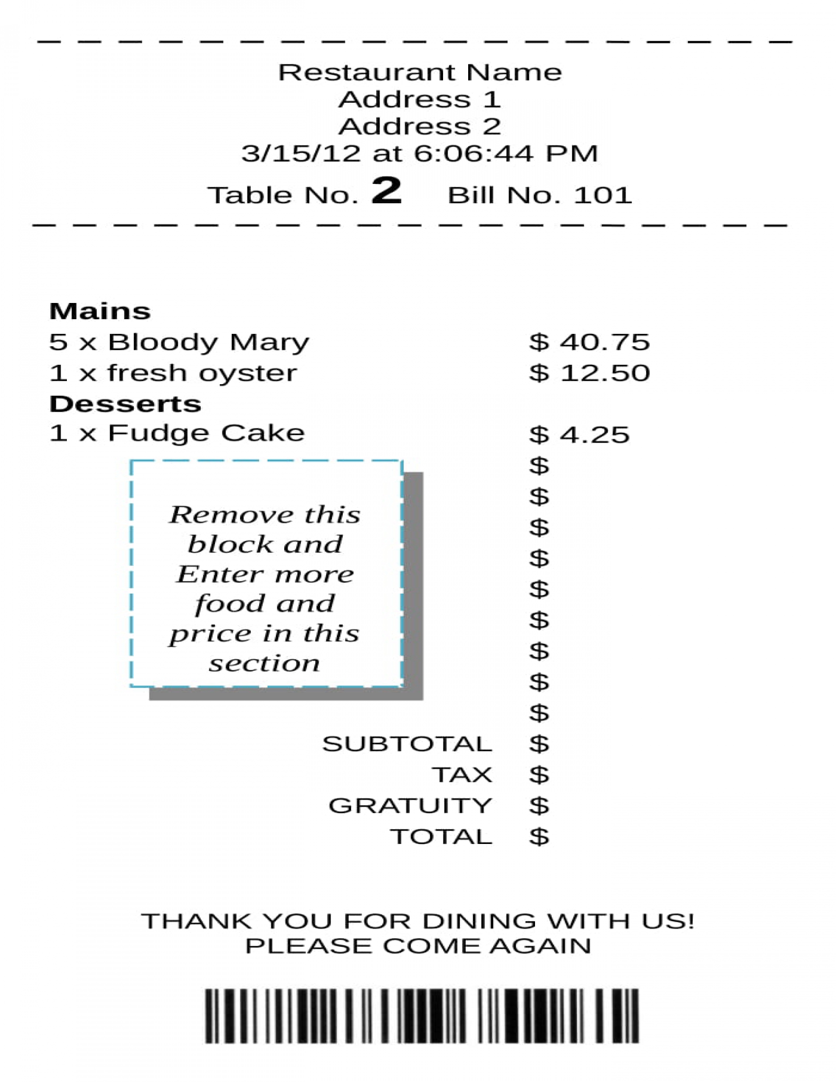 Custom Restaurants Receipts Template Food Invoice Generator