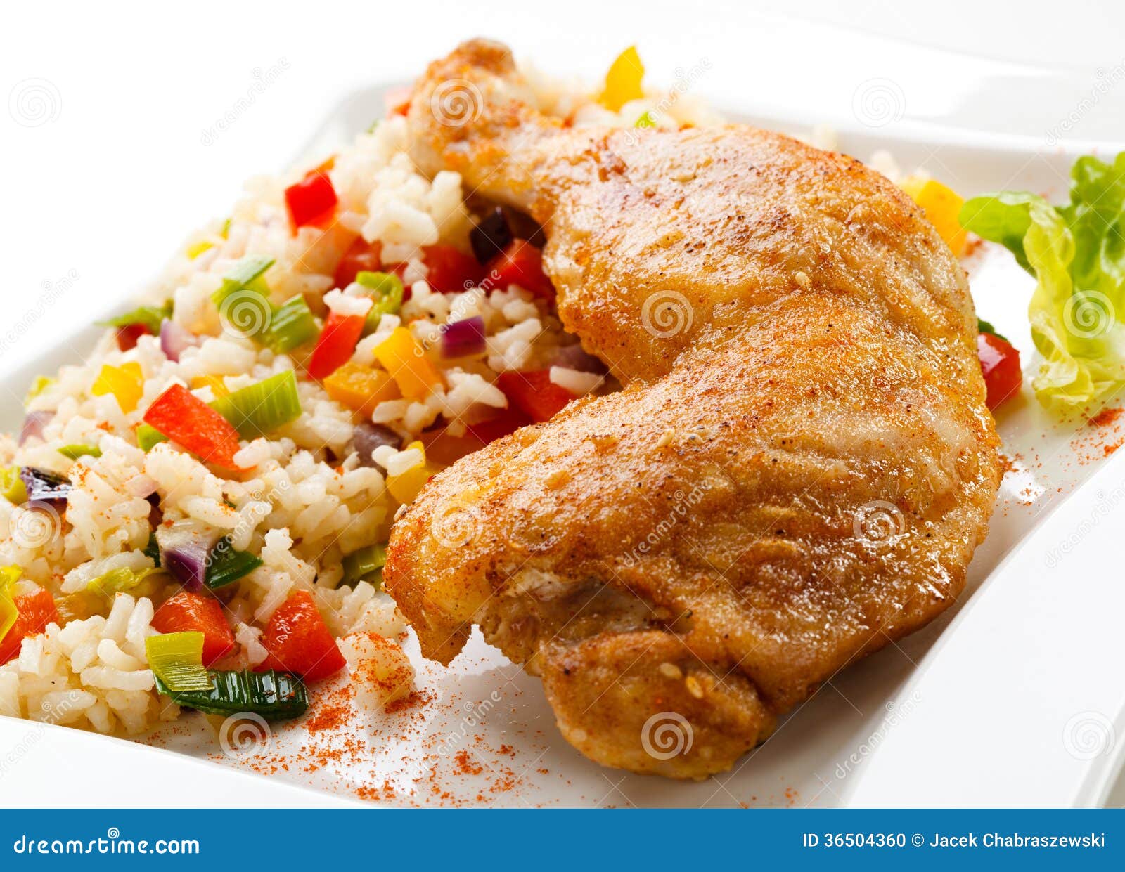 Delicious Boiled Rice With Chicken Leg And Vegetables Closeup Stock