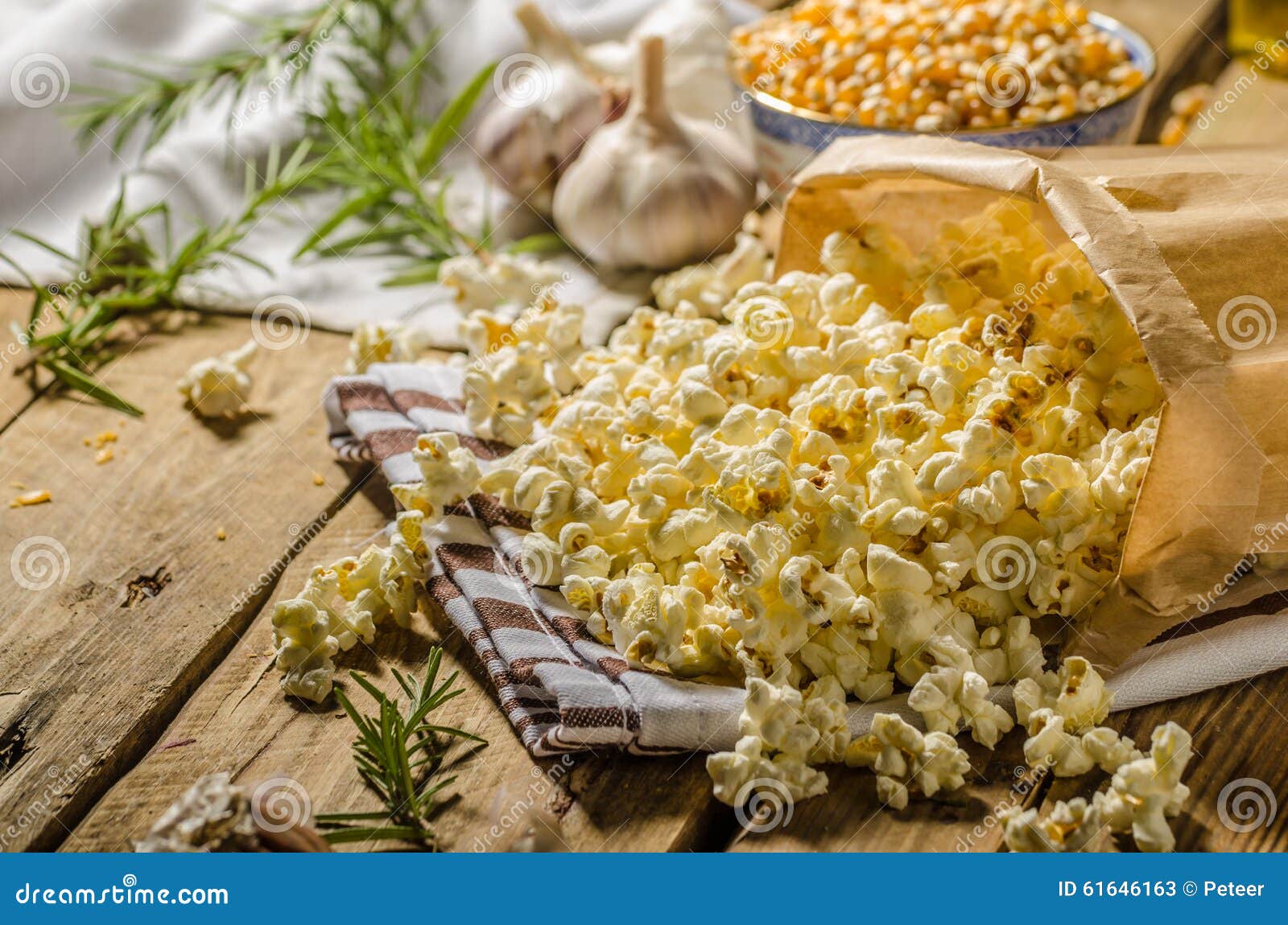 Domestic Organic Popcorn With Herbs Not Healthy But Delicious For Movie Evenings Stock Photo