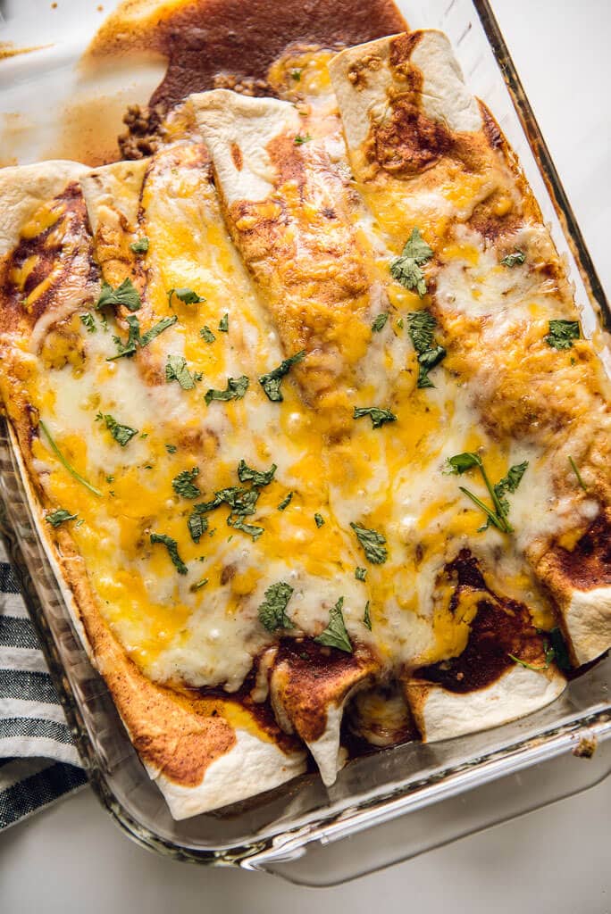 Easy Beef Enchiladas Garnished Plate