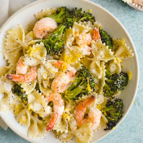 Farfalle Pasta With Shrimp Roasted Broccoli Lemon And Parmesan