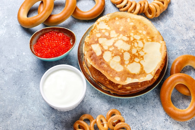 Free Photo Russian Pancake Blini With Sauces And Ingredients