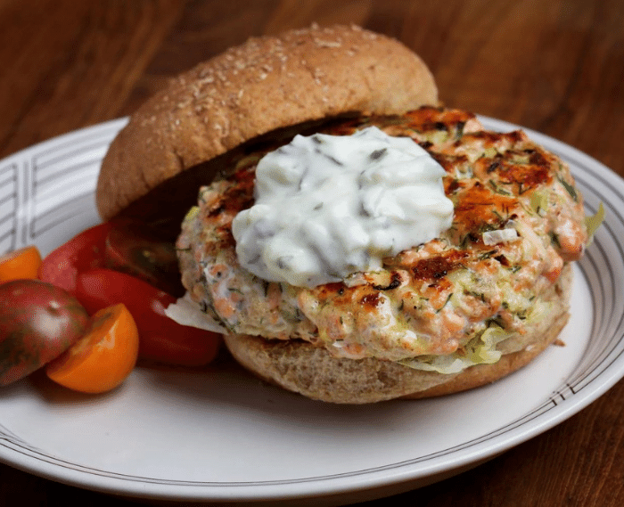 Fresh Salmon Burgers With Tzatziki Dressing