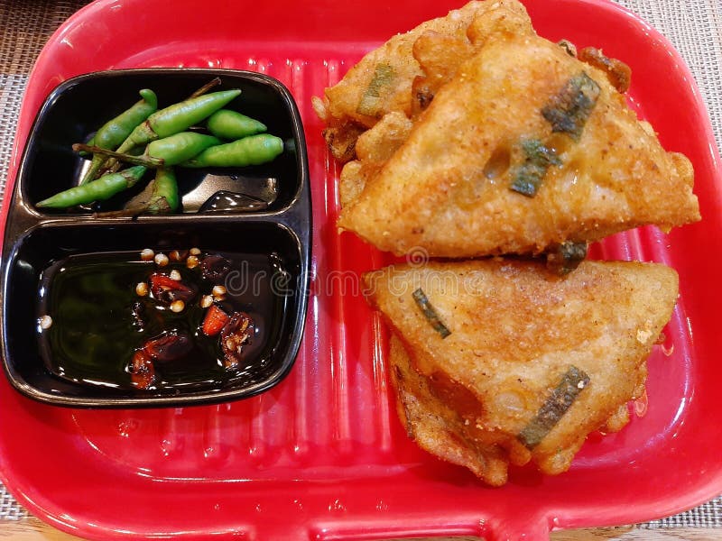 Fried Tofu Stuffed Complete With Chili And Soy Sauce Stock Photo