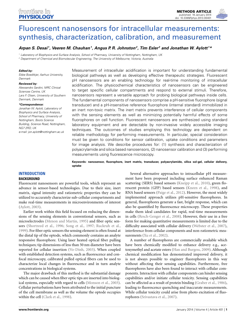 Frontiers Fluorescent Nanosensors For Intracellular Measurements