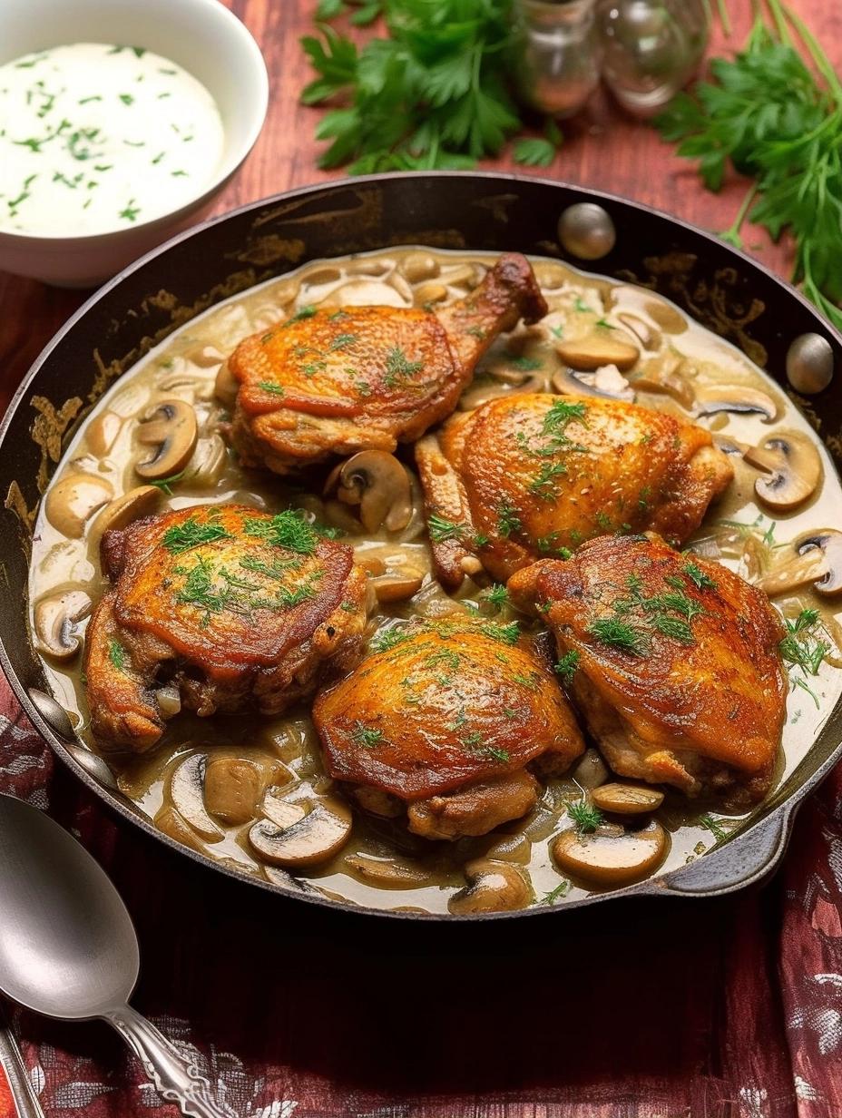 Golden Chicken Thighs With Creamy Mushroom Delight