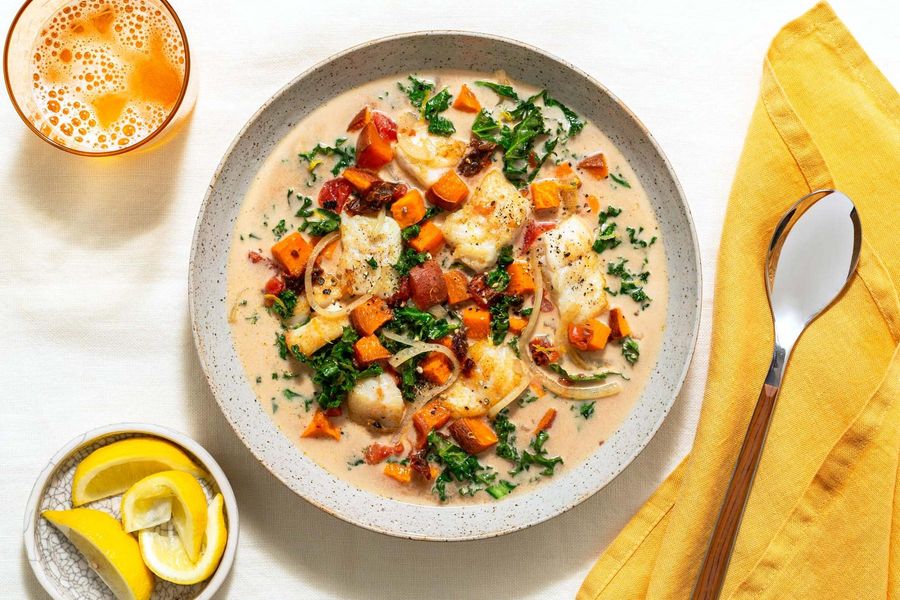 Hearty Fish Stew With Tomatoes Kale And Coconut Milk Sun Basket