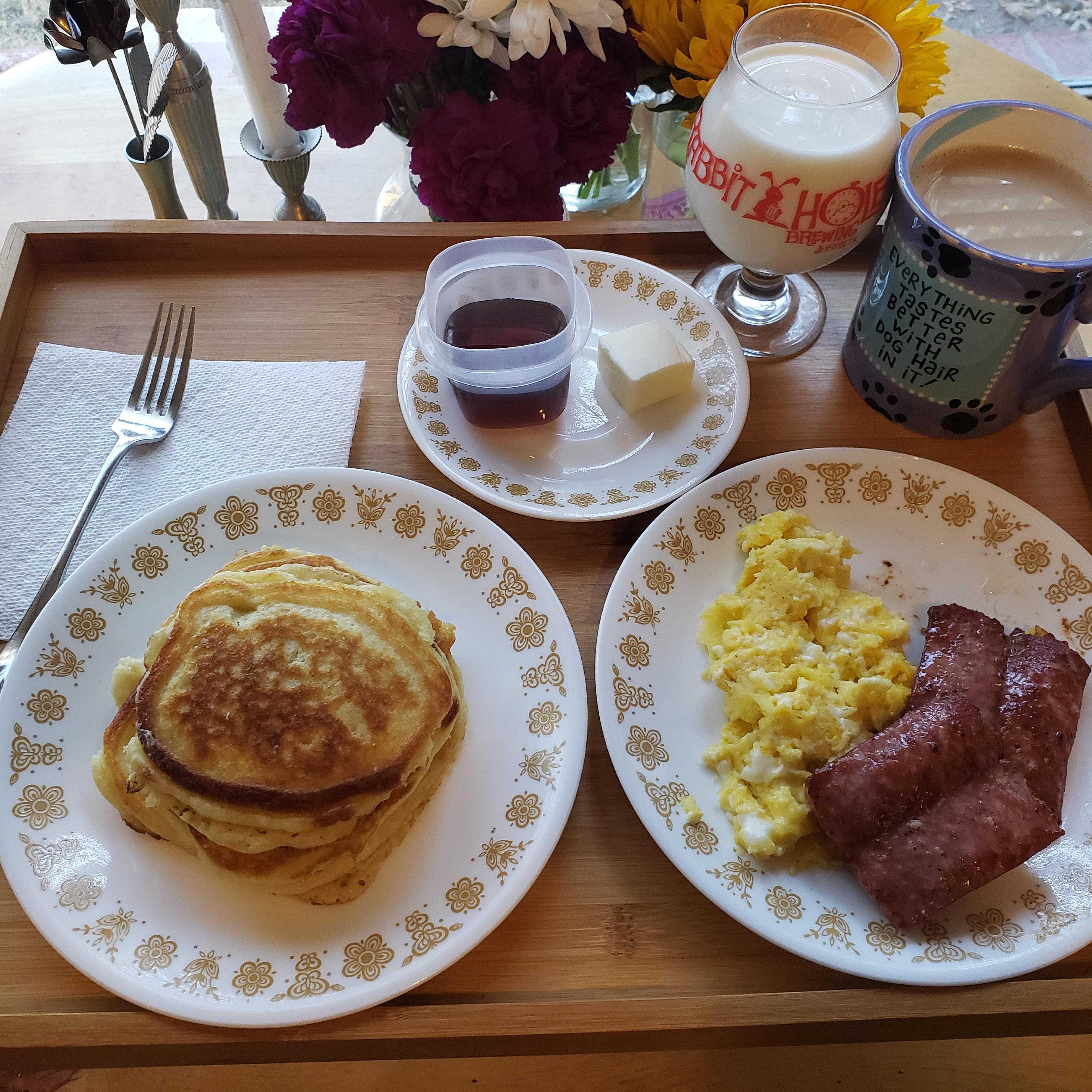 Homemade Buttermilk Pancakes With Eggs And Sausage Food