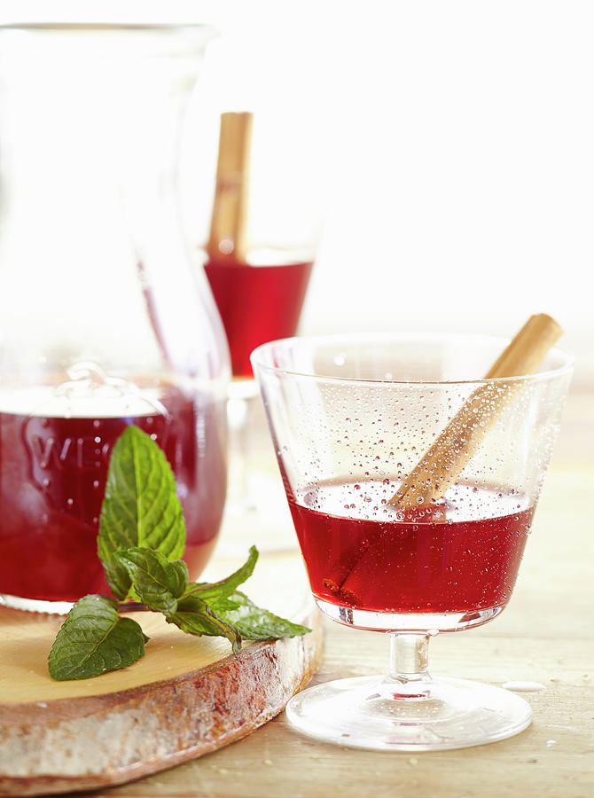 Homemade Cranberry Liqueur With Mint Cinnamon And Vodka Photograph By