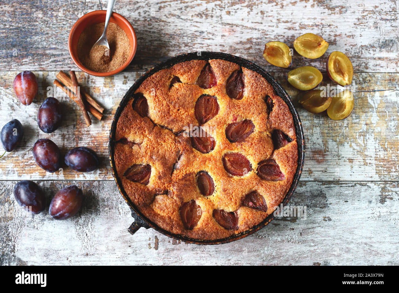 Homemade Plum Pie And Cup Of Tea New York Times Recipe Plum Cake Stock