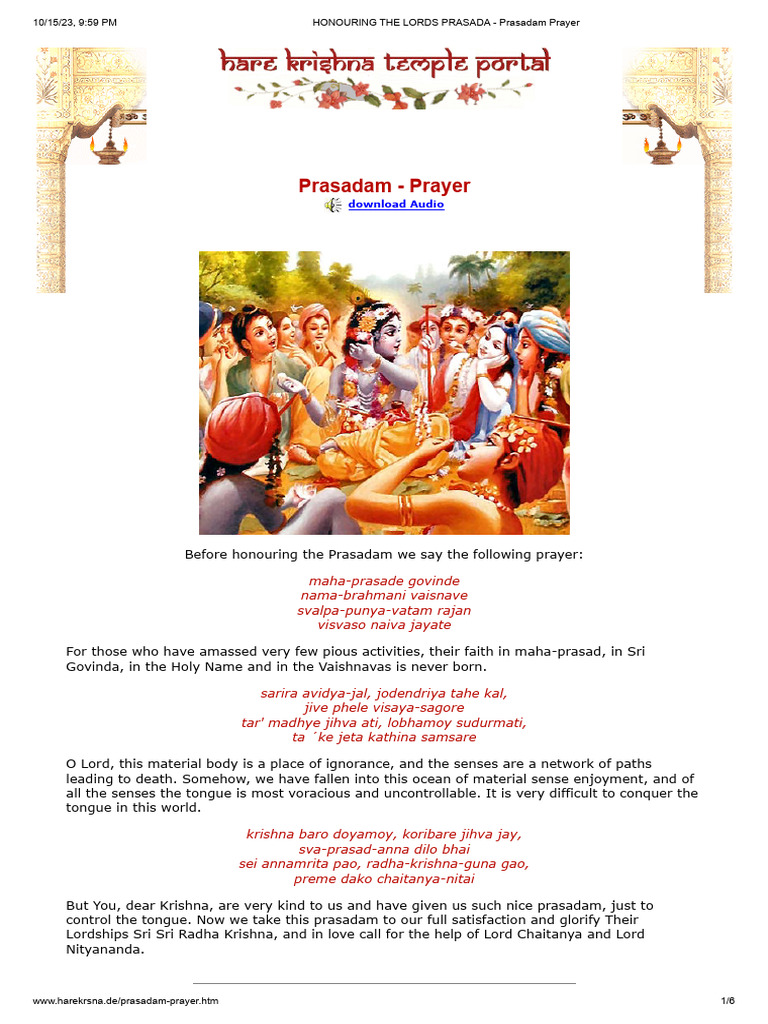 Honouring The Lords Prasada Prasadam Prayer