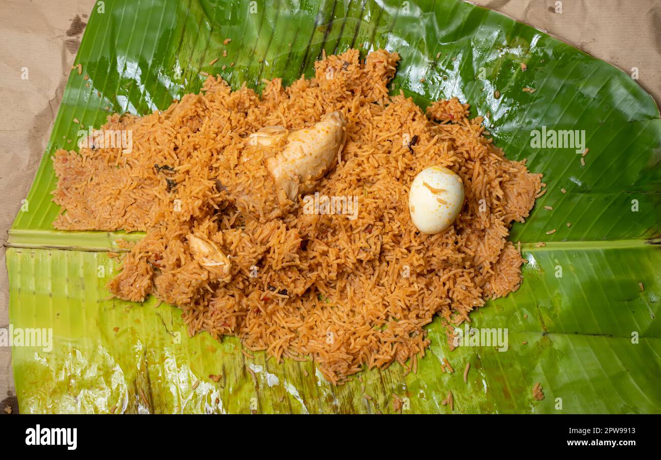 Hot Chicken Biryani With Egg And Chicken Pieces Served On Banana Leaf Stock Photo Alamy