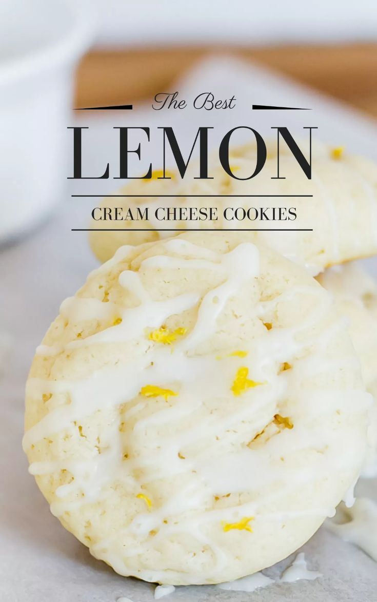 Lemon Cream Cheese Cookies With Icing On A White Plate And Text Overlay That Reads Lemon Cream