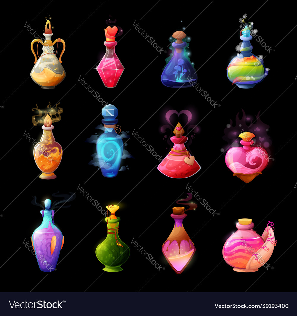 Magic Potions Fantasy Elixirs In Glass Bottles Stock Vector