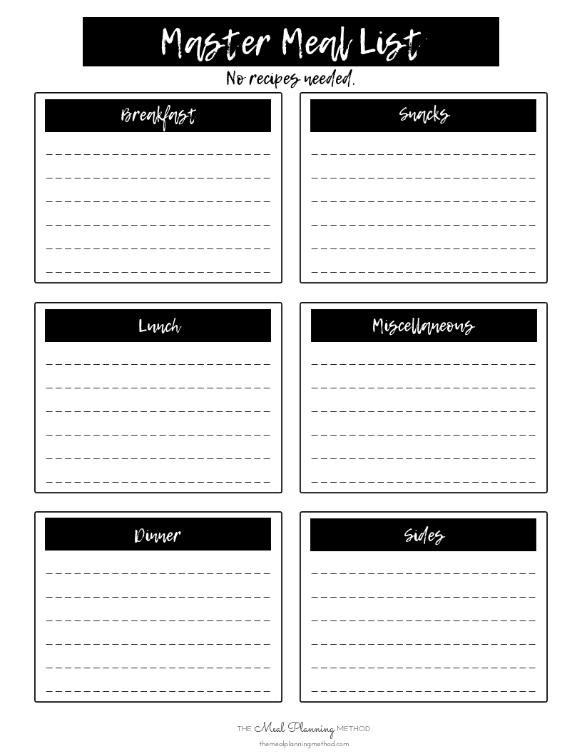 Master Meal List Printable