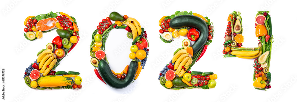 New Year 2024 Food Trends New Year 2024 Made Of Vegetables Fruits And Fish On White Background