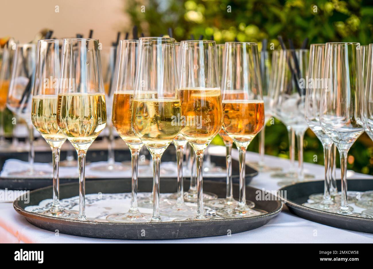 Outdoor Garden Scenery Showing Some Half Filled Sparkling Wine Glasses