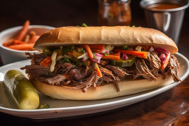 Premium Ai Image Classic Chicago Style Italian Beef Sandwich With Slow Cooked Juicy Beef Piled