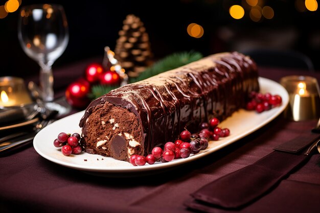 Premium Ai Image Closeup Of A Christmas Log Dessert On A Table Set