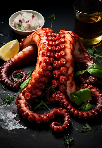 Premium Ai Image Delicious Fresh Cocked Octopus Sea Food Lemon Slice