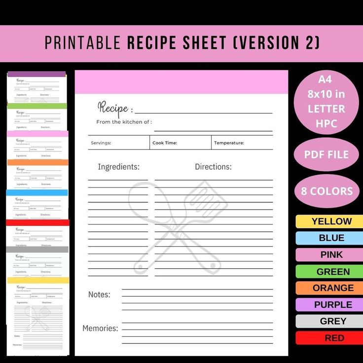 Printable Recipe Template Blank Recipe Page Cooking List Etsy Hong Kong