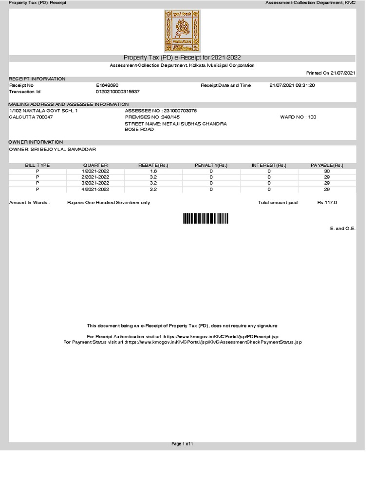 Property Tax Receipt Pdf Receipt Government