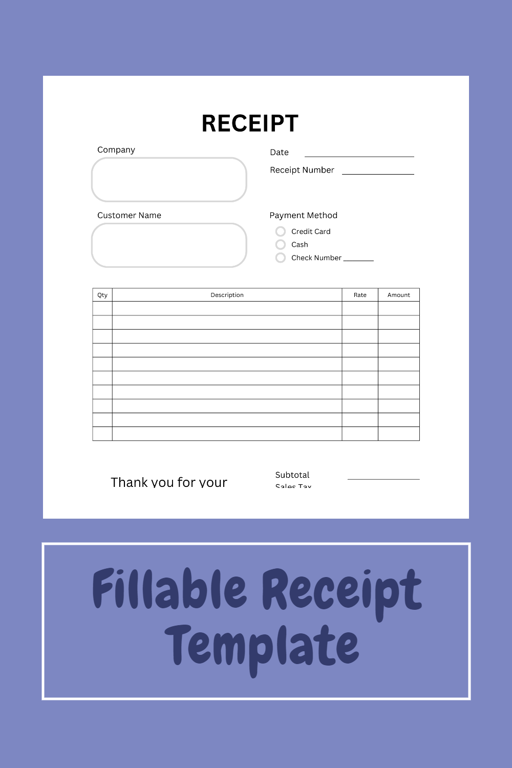 Receipt Template Fillable Receipt Printable Receipt Etsy