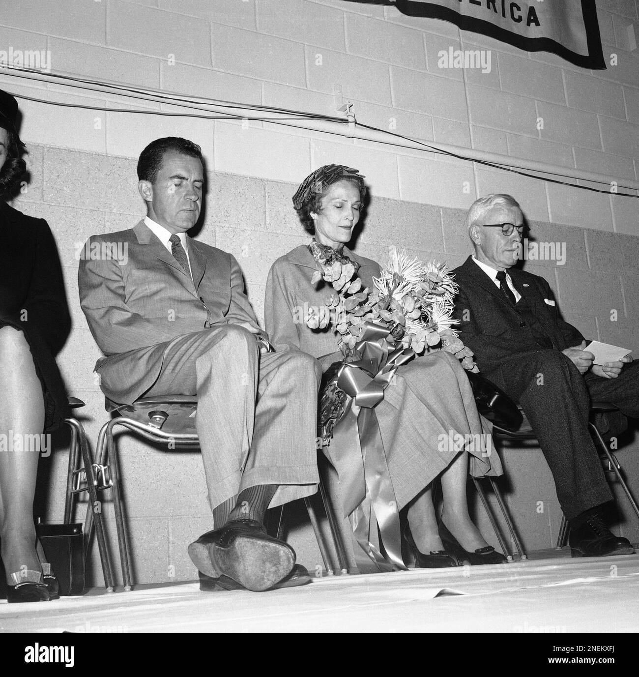 Richard Nixon With Wife Pat Nixon Bow Heads In Paryer At Invocation At Dedication Ceremonies Of