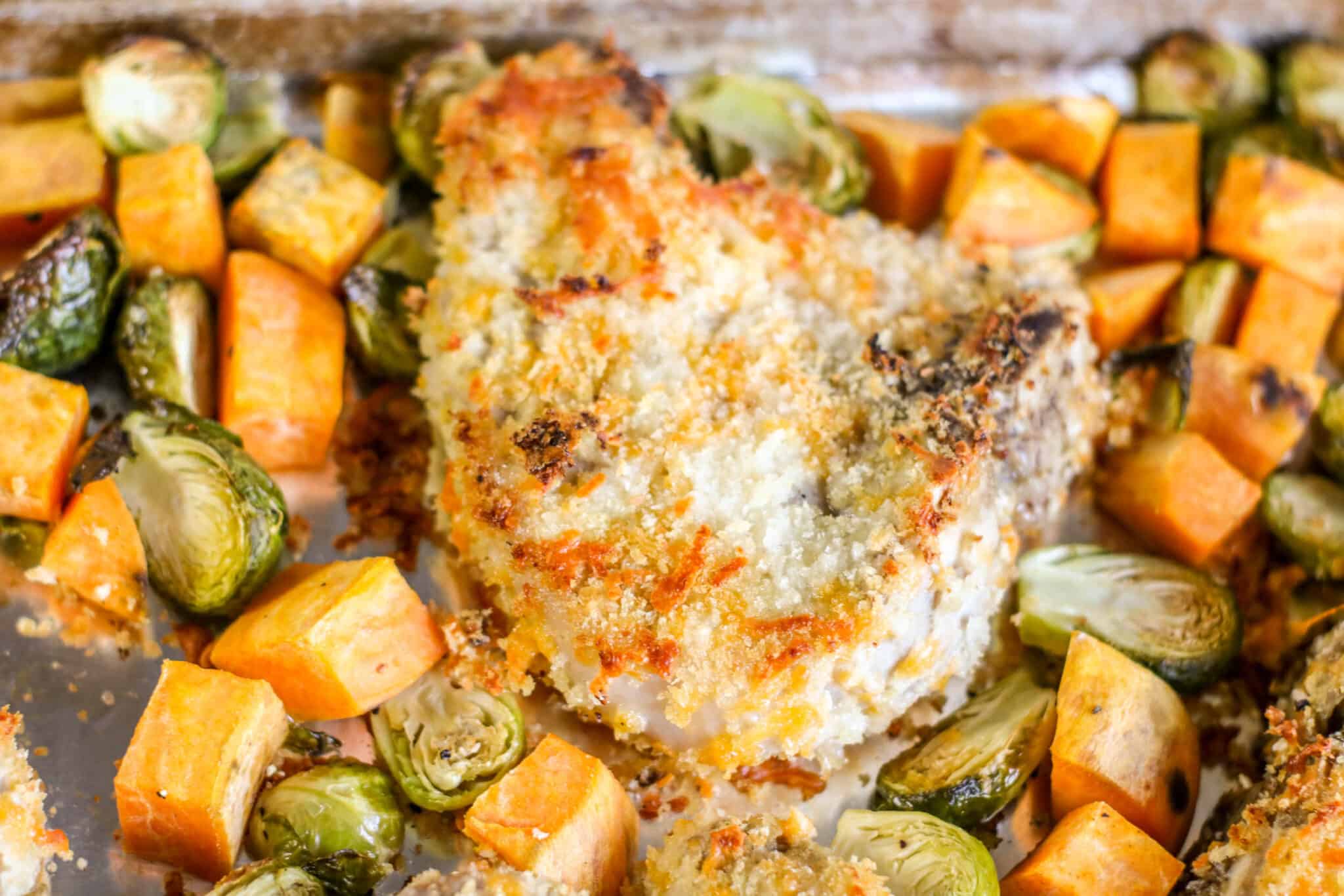 Sheet Pan Crispy Cheddar Pork Chops With Brussels Sprouts And Sweet