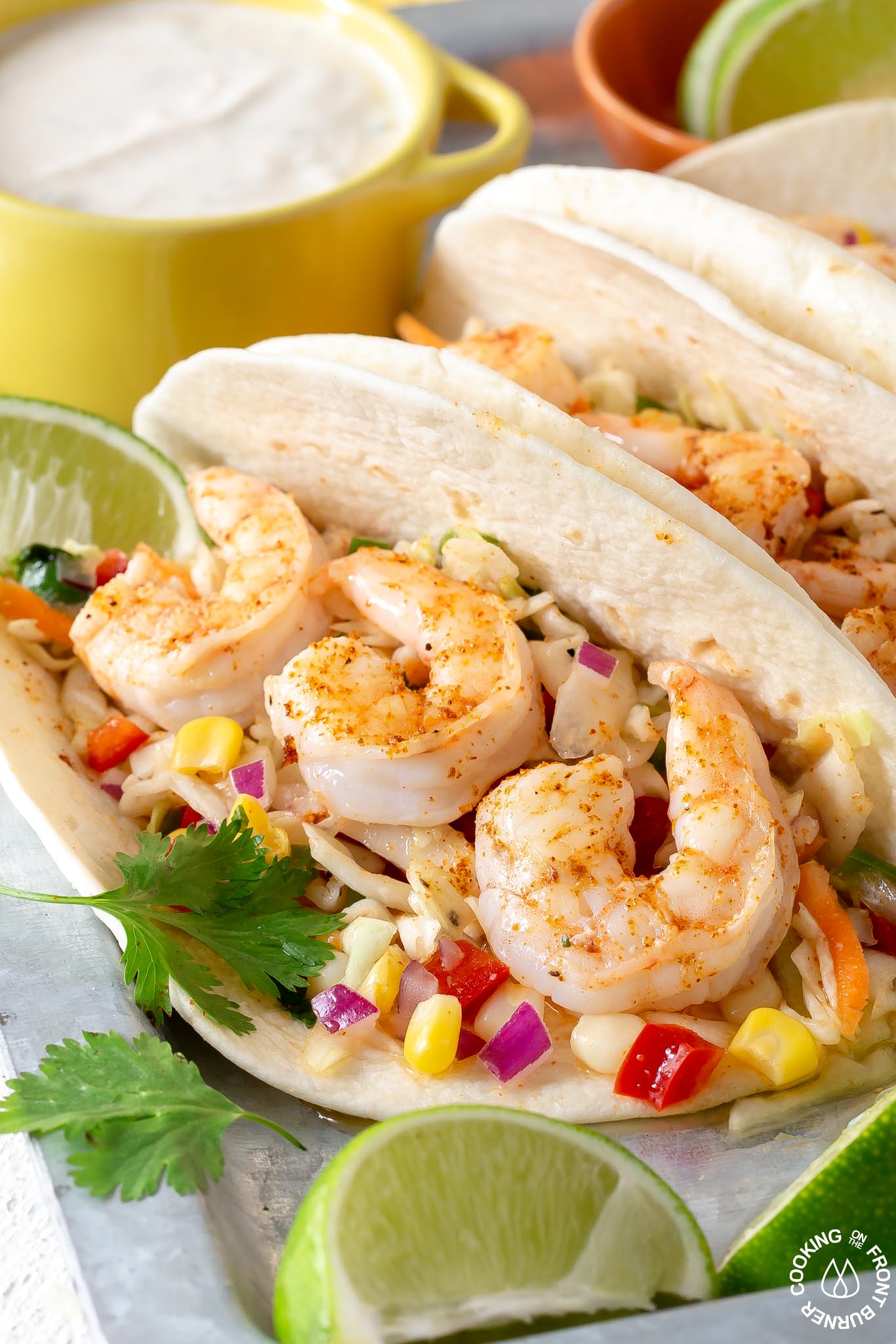 Shrimp Tacos With Spicy Coleslaw Cooking On The Front Burner