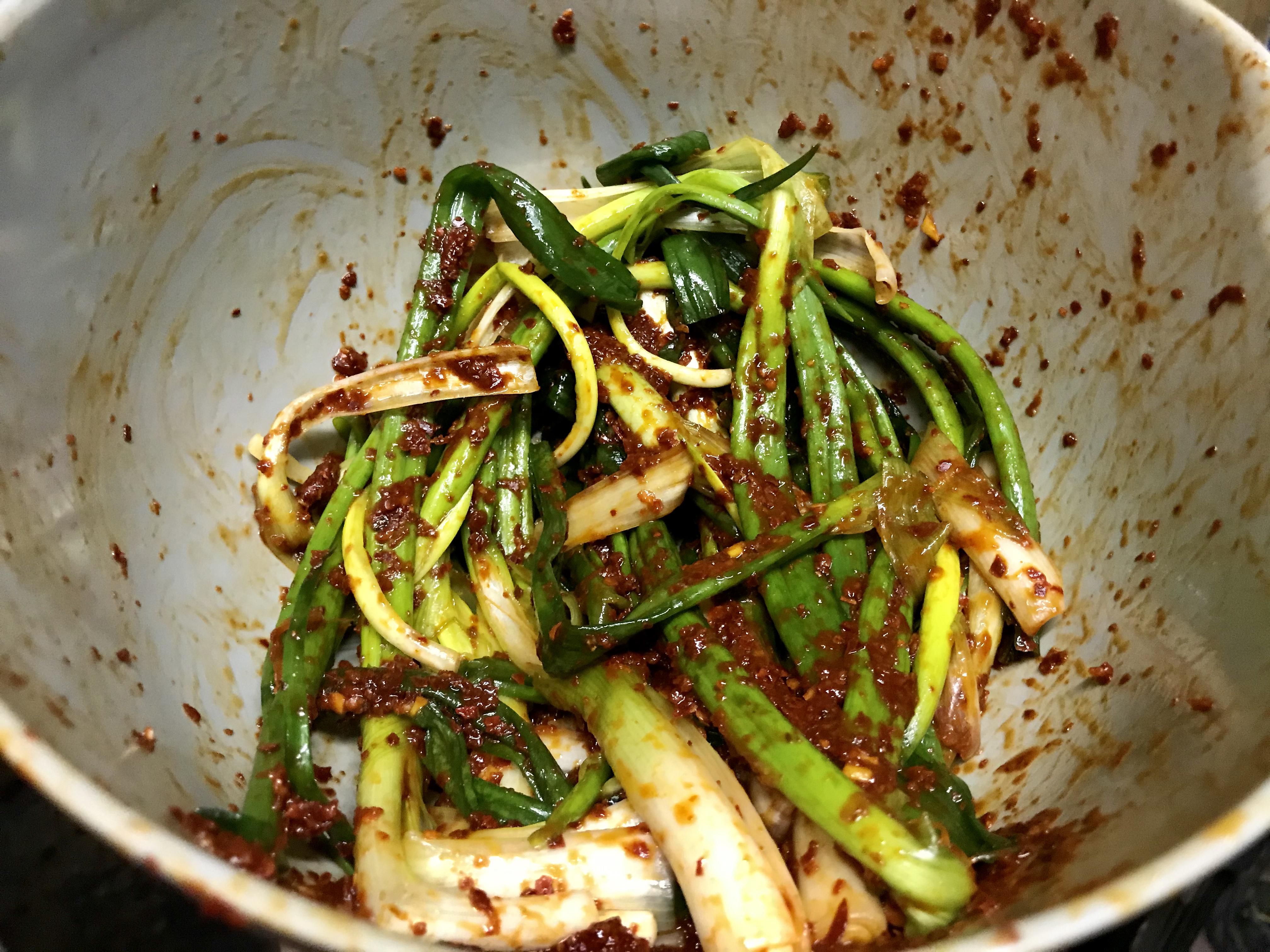 Some Green Onion Kimchi Before Packing It To Ferment Overnight Super