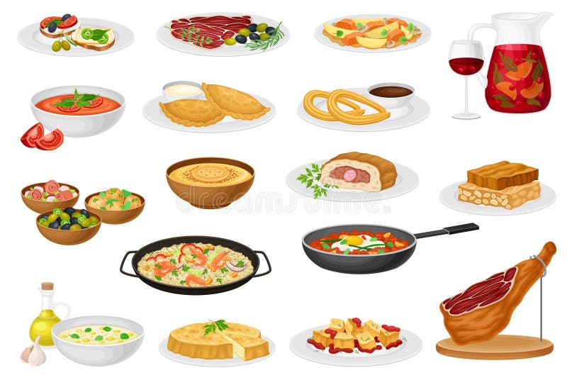 Spanish Dish And Food Served For Restaurant Menu As National Cuisine Big Vector Set Stock