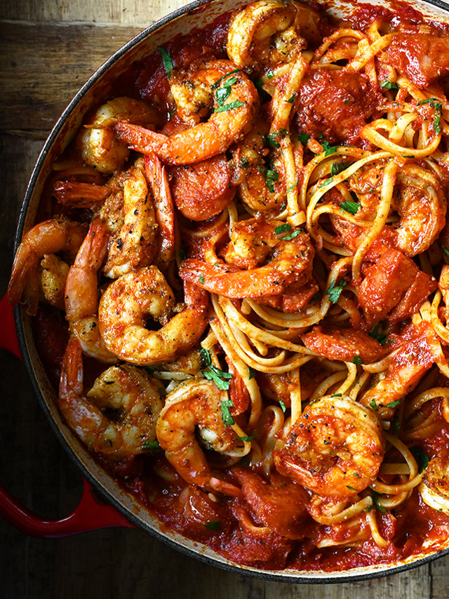 Spicy Cajun Shrimp Pasta With Sausage Serving Dumplings