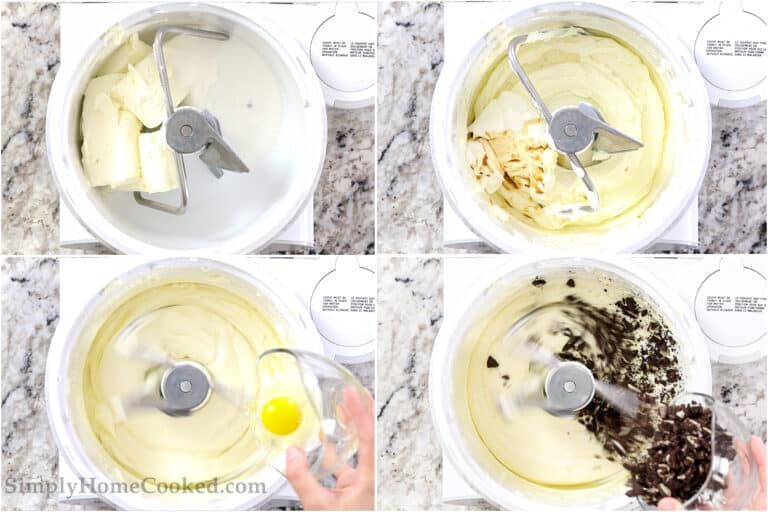 Steps To Make Easy Oreo Cheesecake Including Mixing In A Stand Mixer