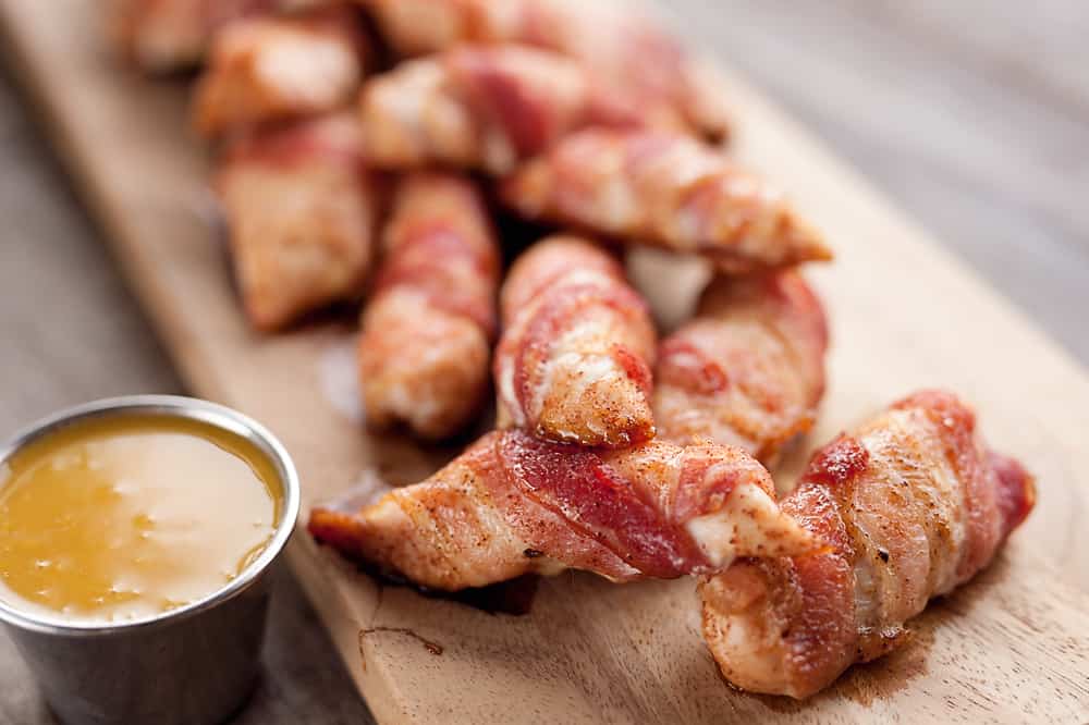 Sweet Spicy Bacon Wrapped Turkey Tenders Crowd Favorite