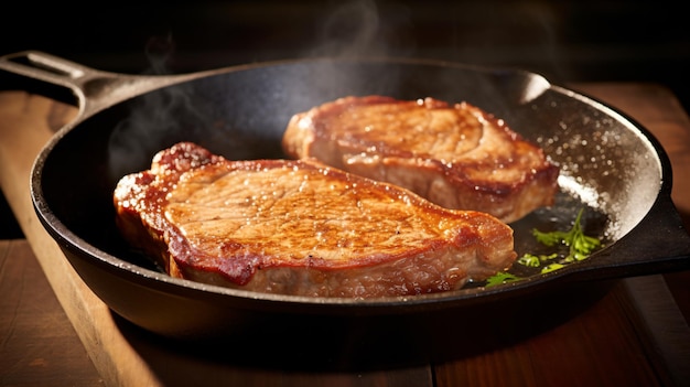 Two Steaks Cooking In A Cast Iron Skillet On A Wooden Table With Herbs