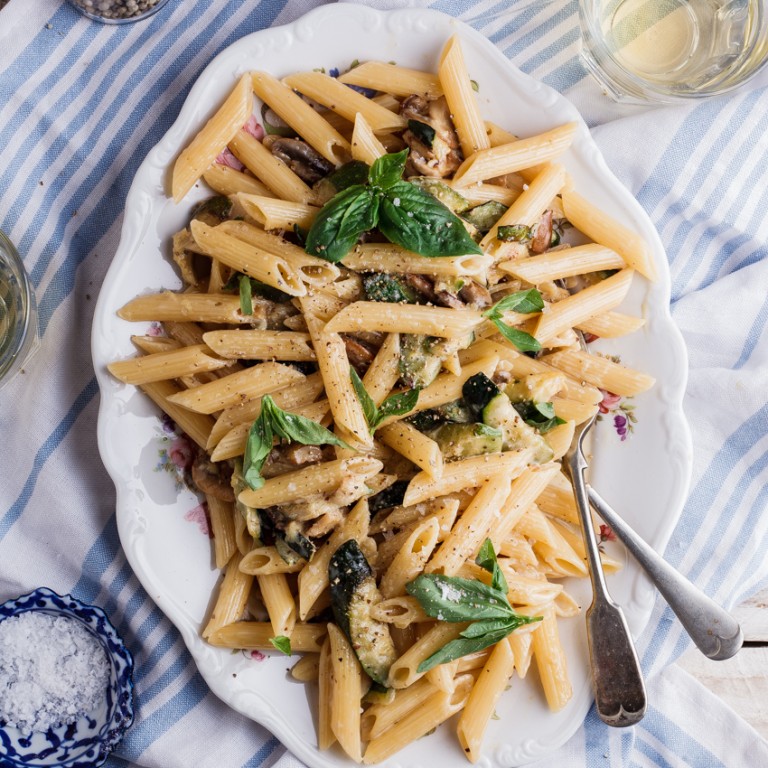 Zucchini And Mushroom Carbonara With Fresh Basil Simply Delicious